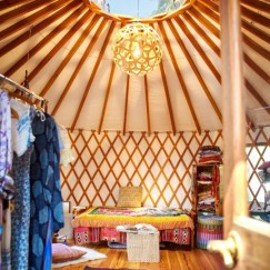 20' yurt interior with bright colors