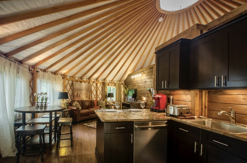 Nantahala Yurt interior kitchen and living room