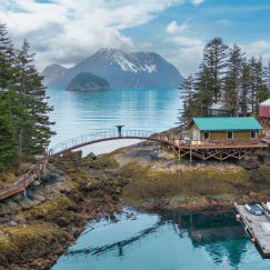 Yurts connected by a walking bridge on the edge of an island and a boat dock at Orca Island.