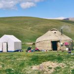 Mongolian ger in a grass field.