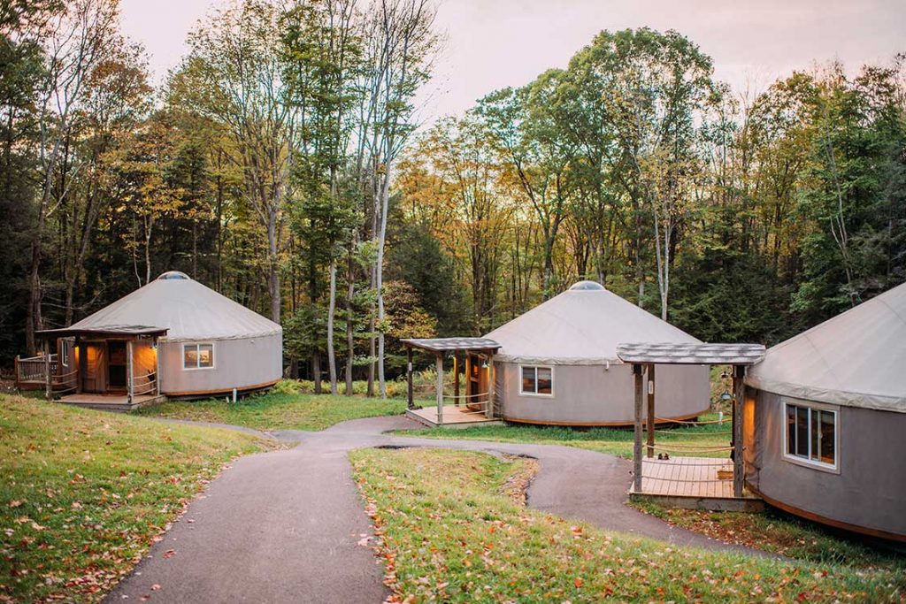 Exterior of three savage river yurts