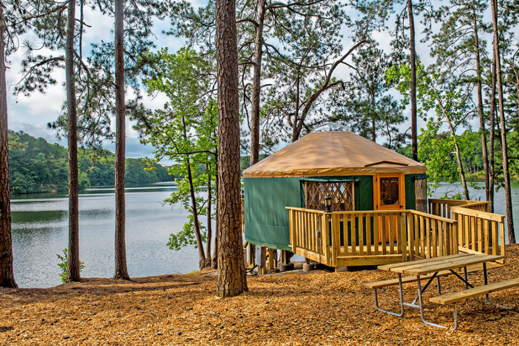 exterior of yurt in wooded forest