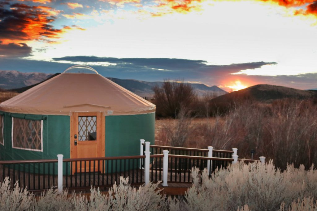 willow glamping yurt at sunset in southeast idaho